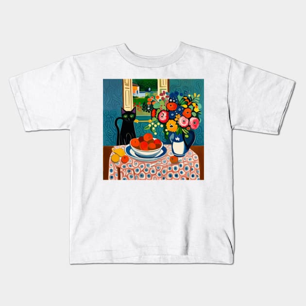 Black Cat with Flowers in a White Vase Still Life Painting Kids T-Shirt by bragova